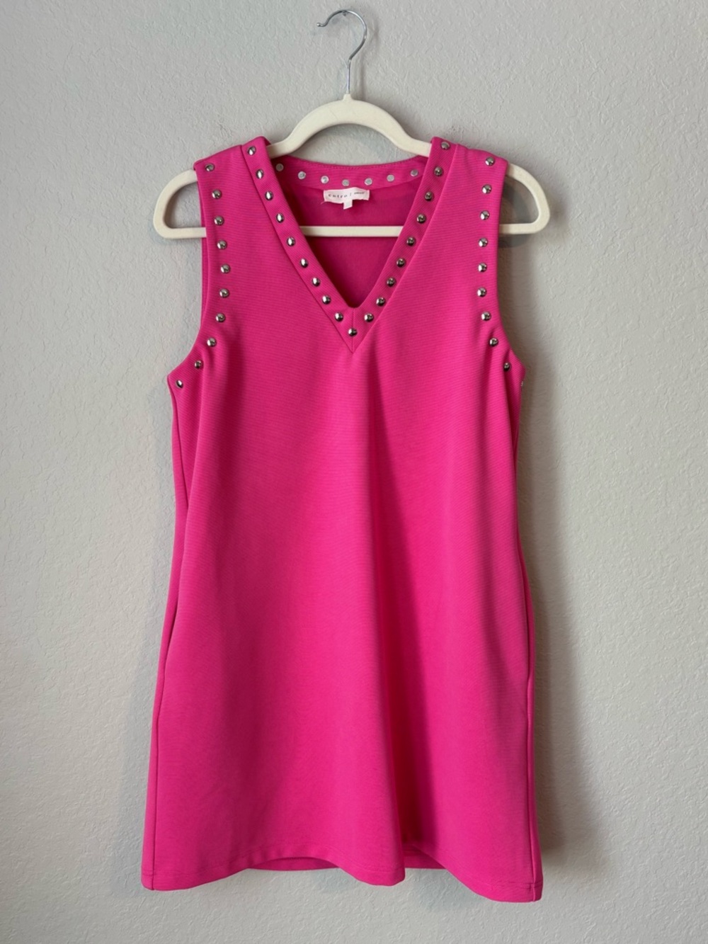 Entro Hot Pink Sleeveless V-Neck Ribbed Studded with Pockets Mini Dress